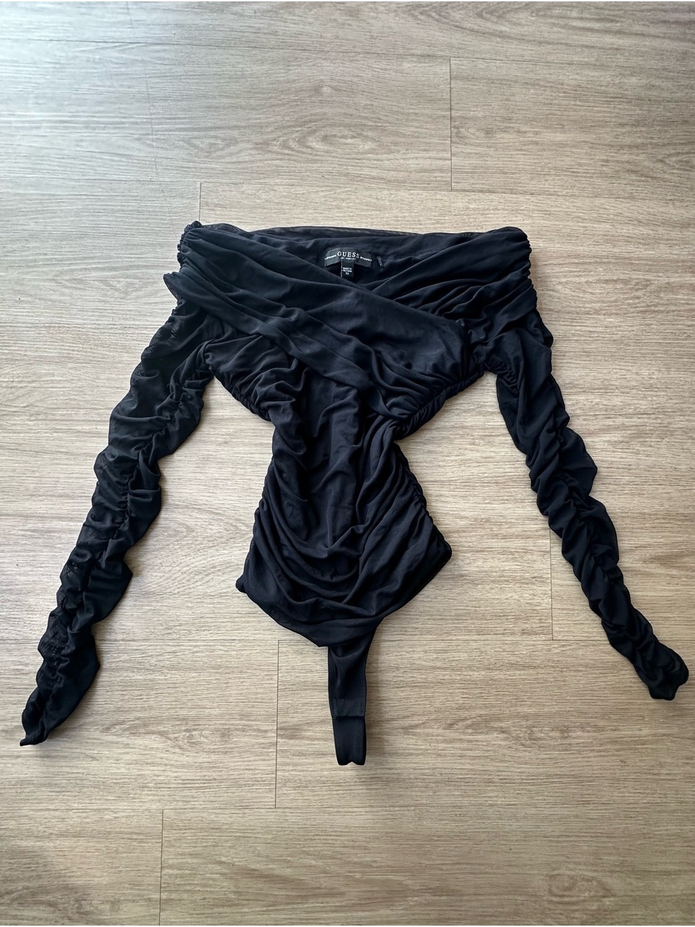 Guess Black Off-Shoulder Ruched Long Sleeve Bodysuit